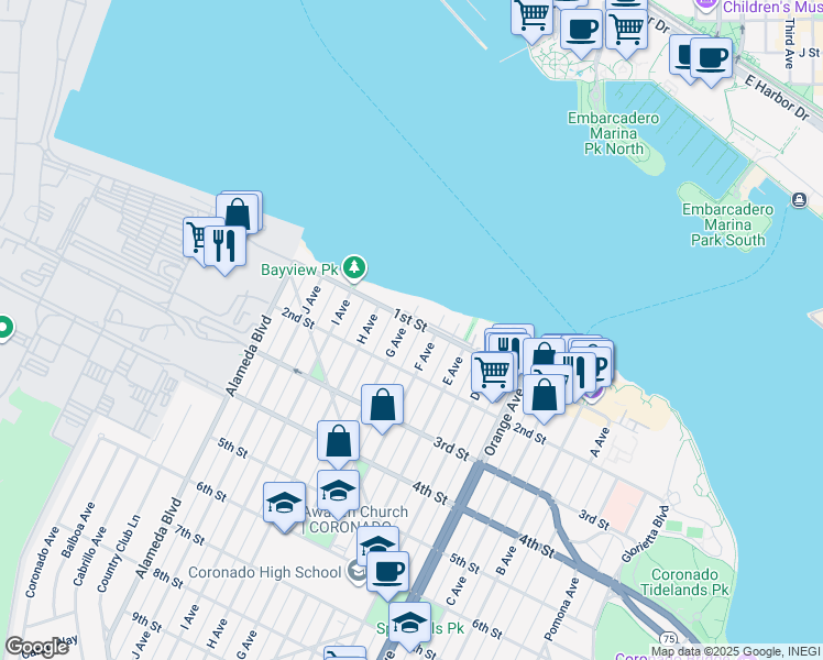 map of restaurants, bars, coffee shops, grocery stores, and more near 135 G Avenue in Coronado