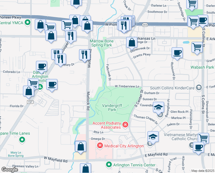 map of restaurants, bars, coffee shops, grocery stores, and more near 247 West Timberview Lane in Arlington