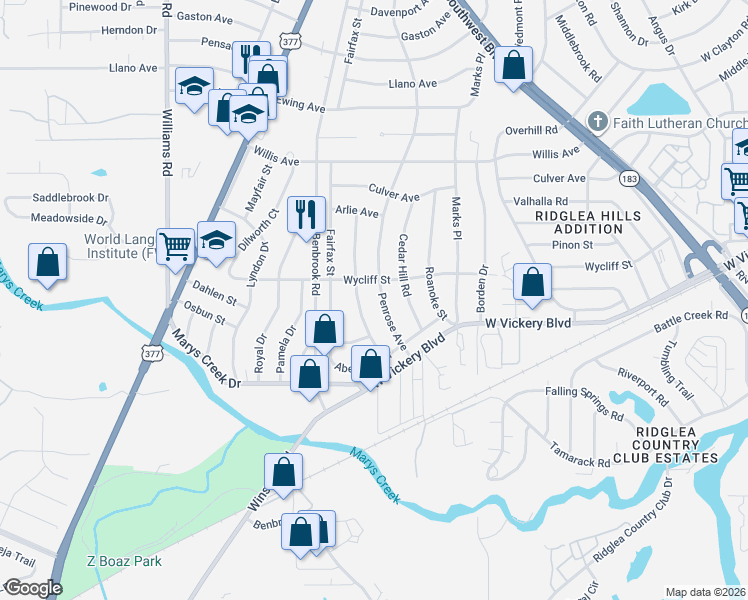 map of restaurants, bars, coffee shops, grocery stores, and more near 5021 Gilbert Drive in Fort Worth