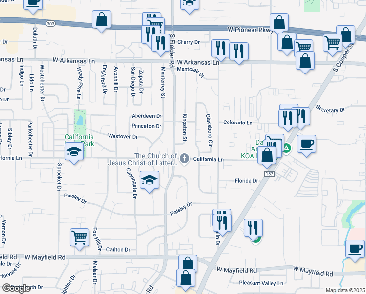 map of restaurants, bars, coffee shops, grocery stores, and more near 1509 California Lane in Arlington