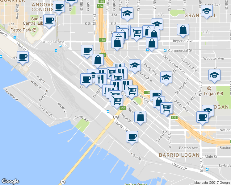 map of restaurants, bars, coffee shops, grocery stores, and more near 1028 Cesar E. Chavez Parkway in San Diego