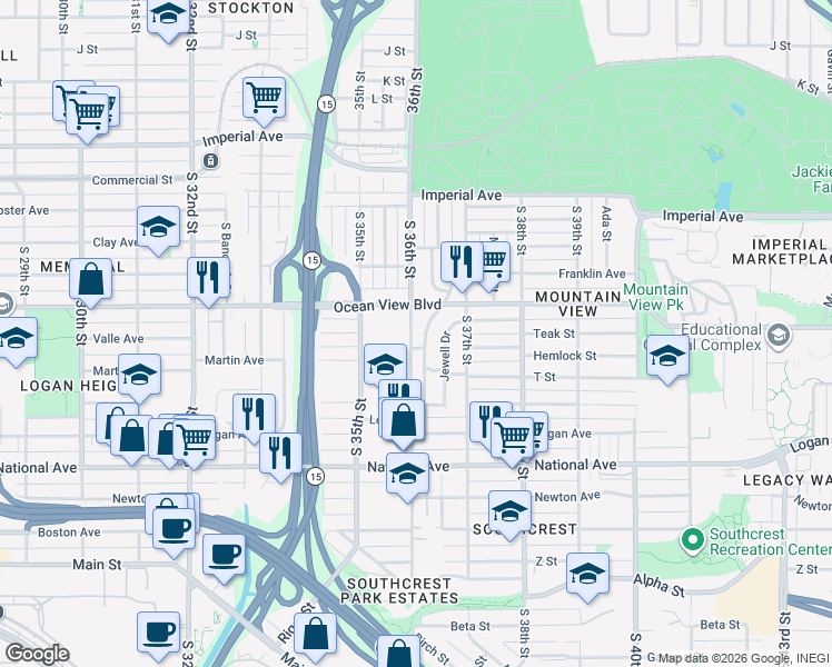 map of restaurants, bars, coffee shops, grocery stores, and more near 539-45 South 36th Street in San Diego