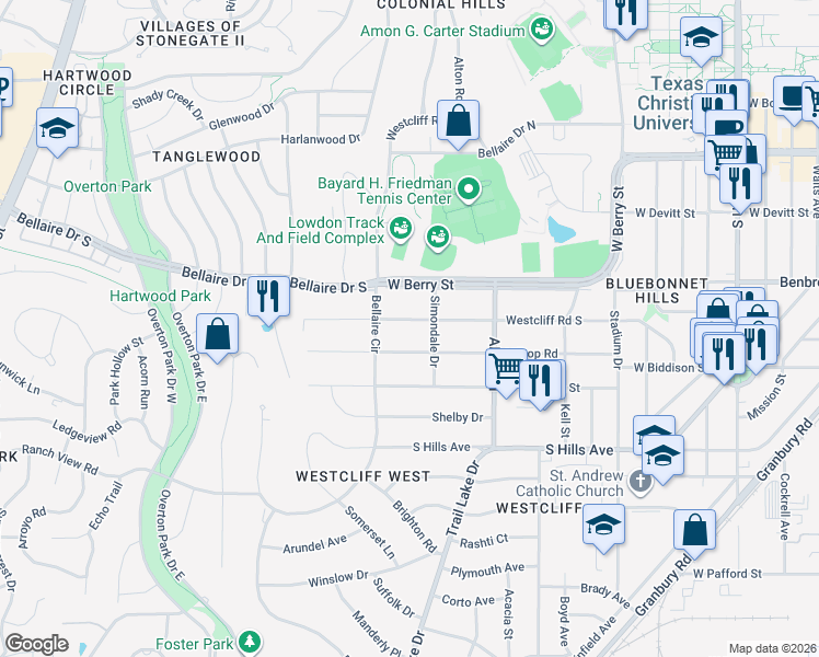 map of restaurants, bars, coffee shops, grocery stores, and more near 3732 Hilltop Road in Fort Worth