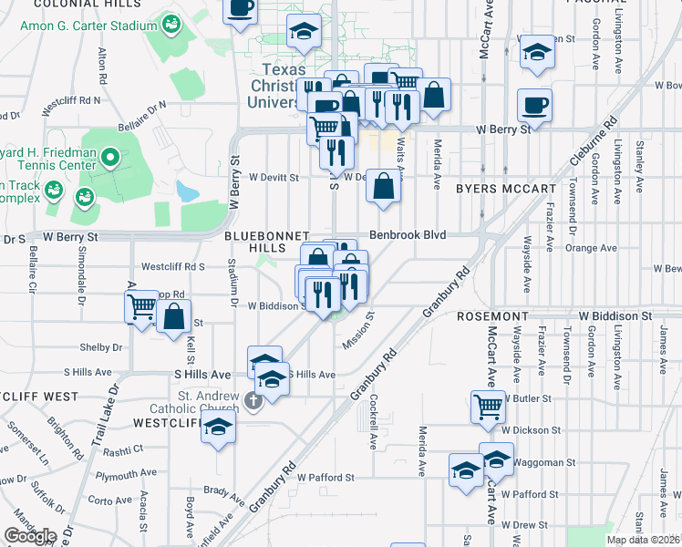 map of restaurants, bars, coffee shops, grocery stores, and more near 3417 South University Drive in Fort Worth