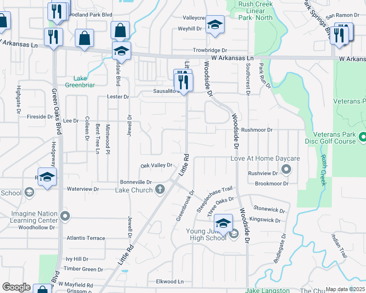 map of restaurants, bars, coffee shops, grocery stores, and more near 2717 Trail Oak Court in Arlington