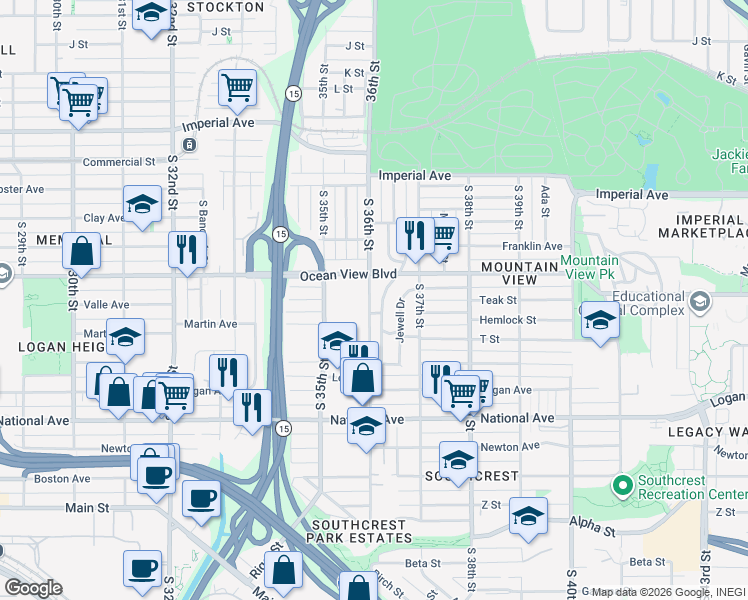 map of restaurants, bars, coffee shops, grocery stores, and more near 539-45 South 36th Street in San Diego