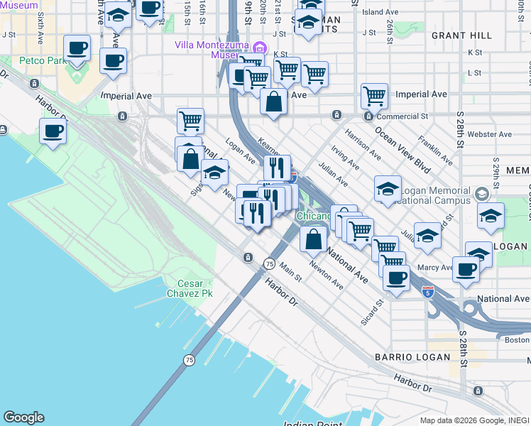 map of restaurants, bars, coffee shops, grocery stores, and more near 1028 Cesar E. Chavez Parkway in San Diego