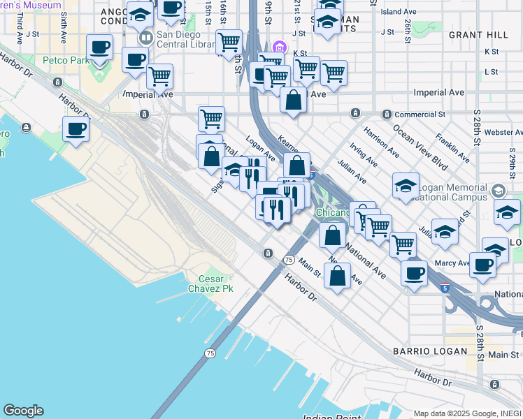 map of restaurants, bars, coffee shops, grocery stores, and more near 1835 Newton Avenue in San Diego