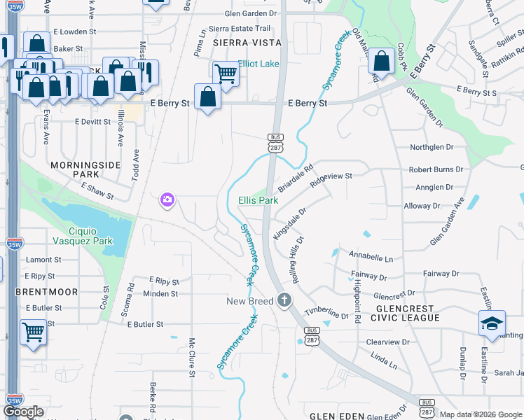 map of restaurants, bars, coffee shops, grocery stores, and more near 3301 South Riverside Drive in Fort Worth