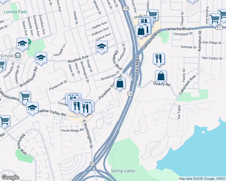 map of restaurants, bars, coffee shops, grocery stores, and more near 8515 Paradise Valley Road in Spring Valley