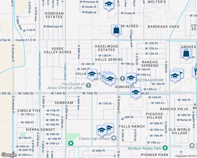 map of restaurants, bars, coffee shops, grocery stores, and more near 4205 West 15th Street in Yuma