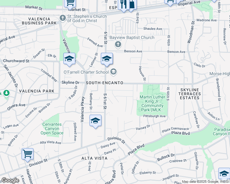 map of restaurants, bars, coffee shops, grocery stores, and more near 6149 Alderley Street in San Diego