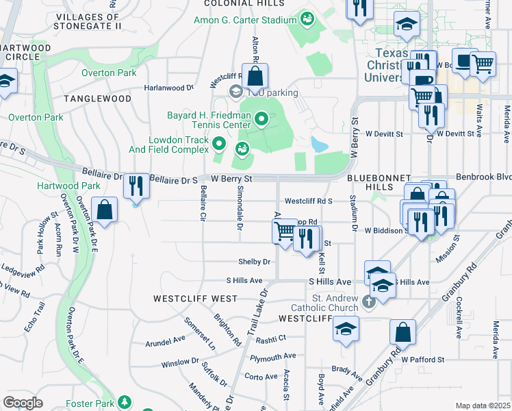 map of restaurants, bars, coffee shops, grocery stores, and more near 3629 Westcliff Road South in Fort Worth