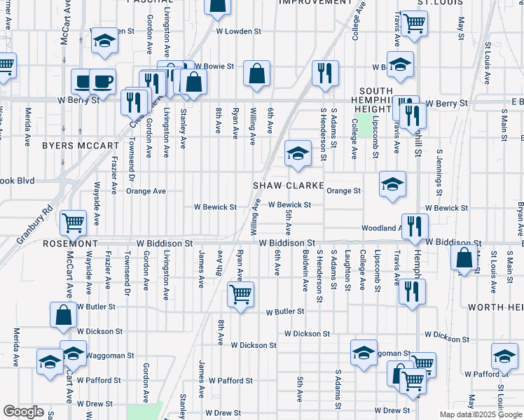 map of restaurants, bars, coffee shops, grocery stores, and more near 1332 Woodland Avenue in Fort Worth