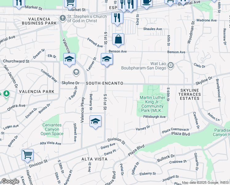 map of restaurants, bars, coffee shops, grocery stores, and more near 6149 Alderley Street in San Diego