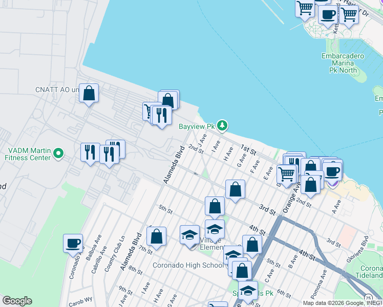 map of restaurants, bars, coffee shops, grocery stores, and more near 218 J Avenue in Coronado