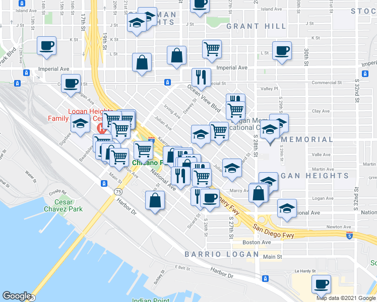 map of restaurants, bars, coffee shops, grocery stores, and more near 2120 Kearney Avenue in San Diego