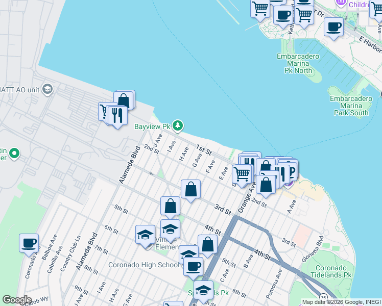map of restaurants, bars, coffee shops, grocery stores, and more near 131 H Avenue in Coronado