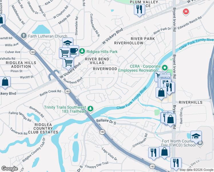 map of restaurants, bars, coffee shops, grocery stores, and more near 3309 Riveroad Court in Fort Worth