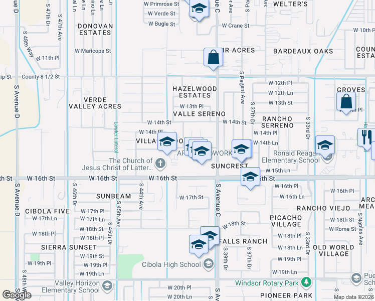 map of restaurants, bars, coffee shops, grocery stores, and more near 4205 West 15th Street in Yuma