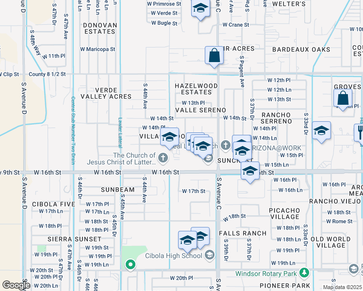 map of restaurants, bars, coffee shops, grocery stores, and more near 4205 West 15th Street in Yuma