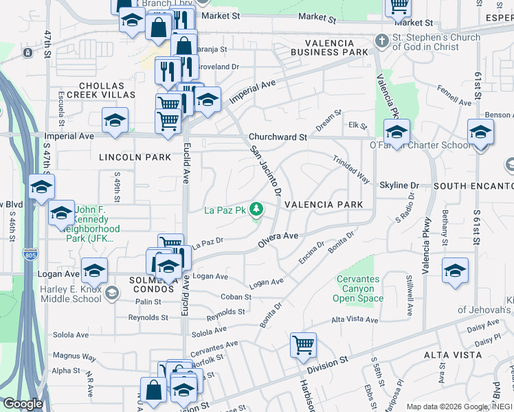map of restaurants, bars, coffee shops, grocery stores, and more near 5280 San Bernardo Terrace in San Diego