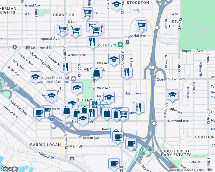 map of restaurants, bars, coffee shops, grocery stores, and more near 600 South 31st Street in San Diego