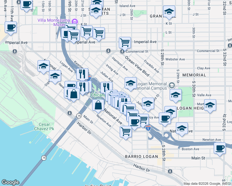 map of restaurants, bars, coffee shops, grocery stores, and more near 2070 Logan Avenue in San Diego