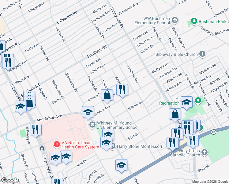 map of restaurants, bars, coffee shops, grocery stores, and more near 2406 Moffatt Avenue in Dallas
