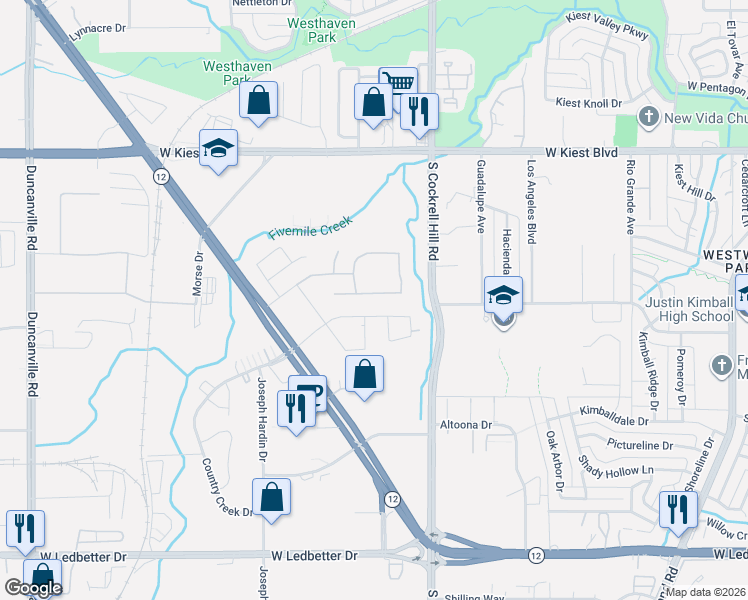 map of restaurants, bars, coffee shops, grocery stores, and more near 4439 Country Creek Drive in Dallas