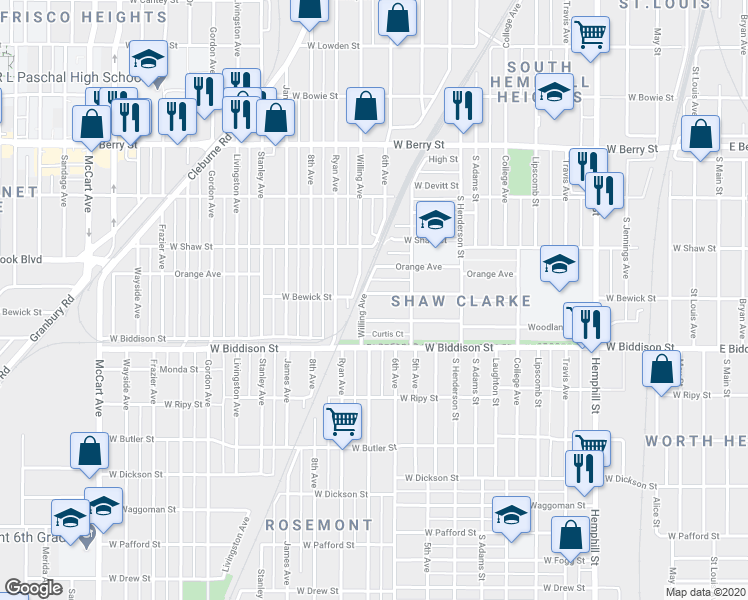 map of restaurants, bars, coffee shops, grocery stores, and more near 1332 Woodland Avenue in Fort Worth
