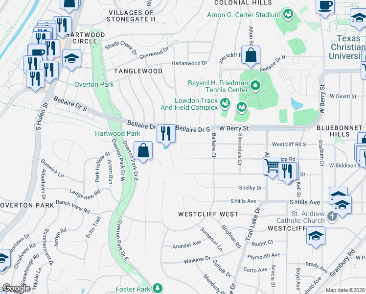 map of restaurants, bars, coffee shops, grocery stores, and more near 3844 Hilltop Road in Fort Worth