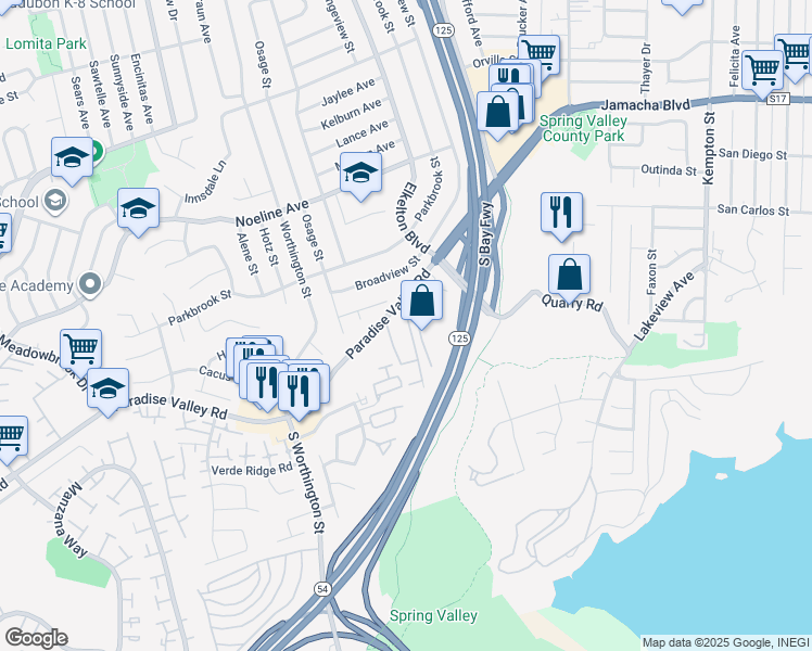 map of restaurants, bars, coffee shops, grocery stores, and more near 8513 Paradise Valley Road in Spring Valley