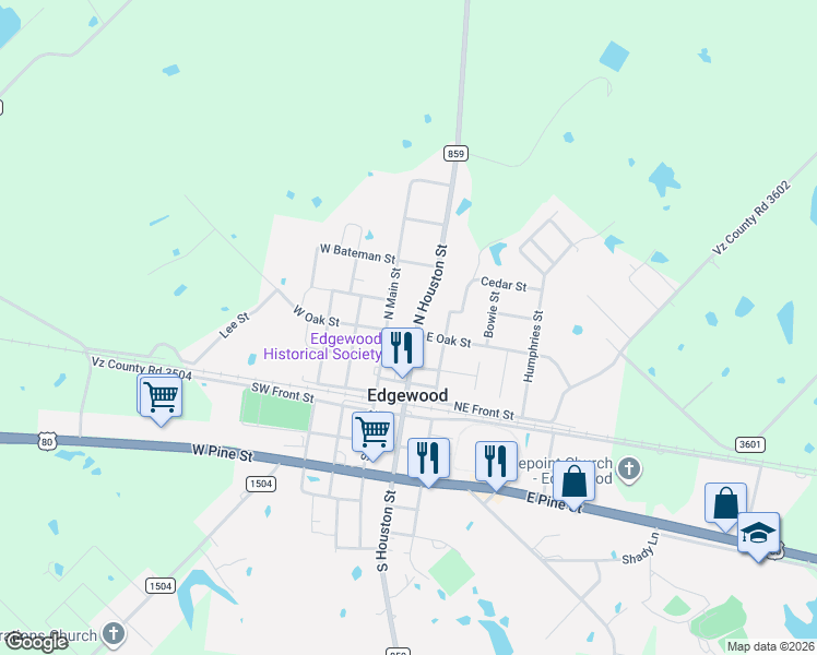 map of restaurants, bars, coffee shops, grocery stores, and more near 220 North Houston Street in Edgewood