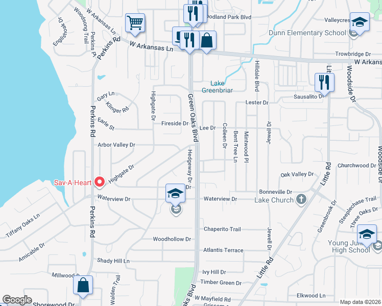map of restaurants, bars, coffee shops, grocery stores, and more near 2708 Hedgeway Drive in Arlington