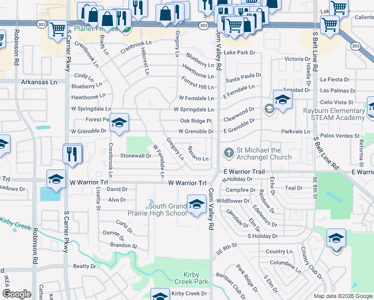 map of restaurants, bars, coffee shops, grocery stores, and more near 3050 Navarro Lane in Grand Prairie