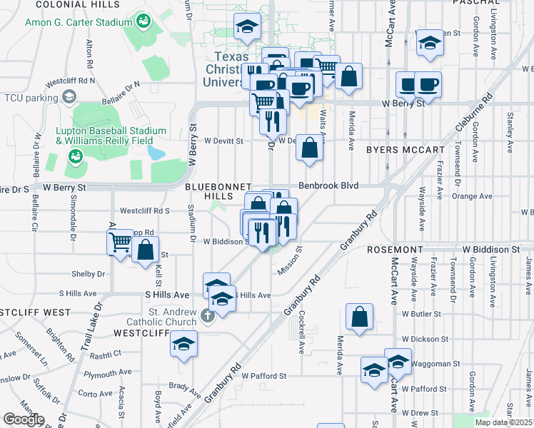map of restaurants, bars, coffee shops, grocery stores, and more near 3410 South University Drive in Fort Worth