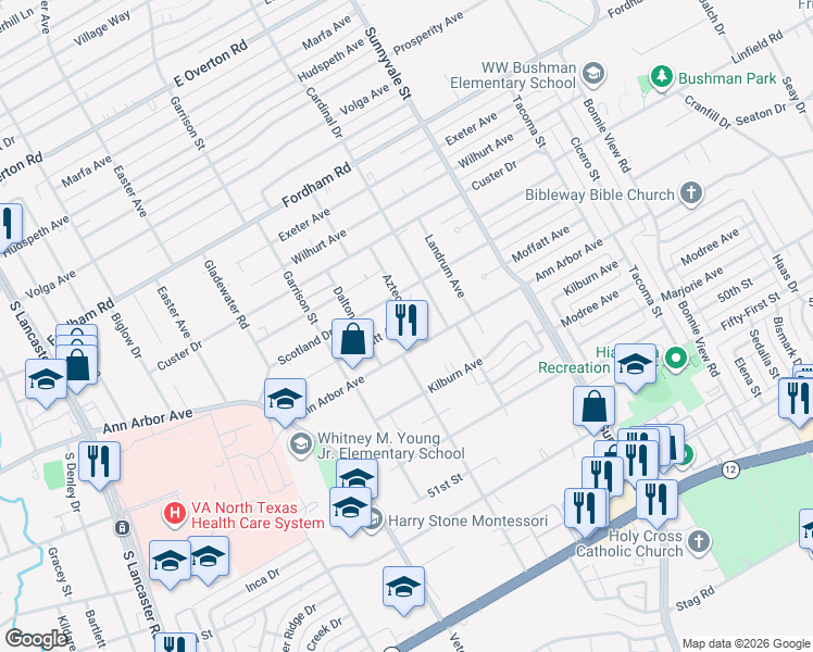 map of restaurants, bars, coffee shops, grocery stores, and more near 4405 Aztec Drive in Dallas