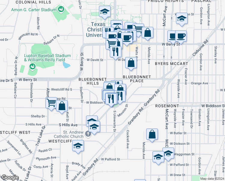 map of restaurants, bars, coffee shops, grocery stores, and more near 3408 South University Drive in Fort Worth