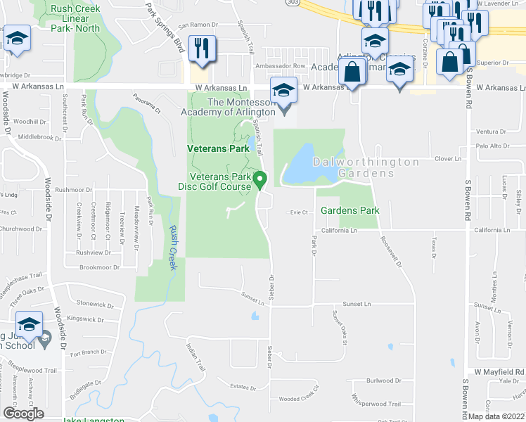 map of restaurants, bars, coffee shops, grocery stores, and more near 2620 Cinnamon Park Circle in Arlington