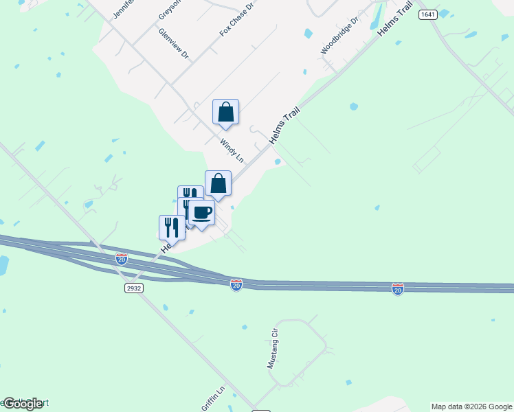 map of restaurants, bars, coffee shops, grocery stores, and more near 9750 Helms Trail in Forney