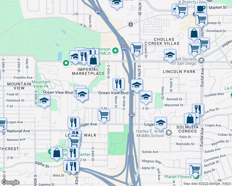 map of restaurants, bars, coffee shops, grocery stores, and more near West Street in San Diego