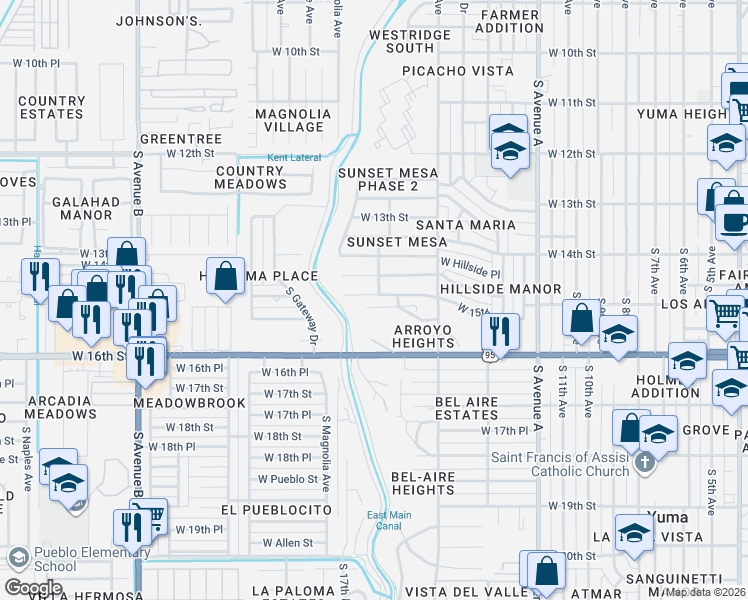 map of restaurants, bars, coffee shops, grocery stores, and more near 1571 West 15th Street in Yuma