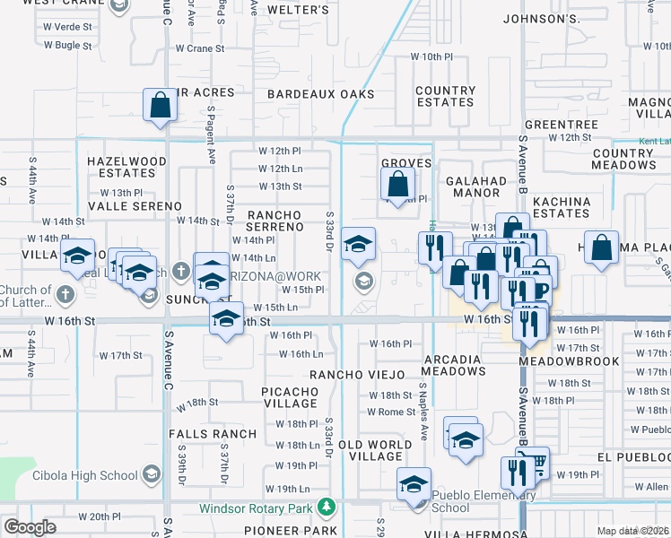 map of restaurants, bars, coffee shops, grocery stores, and more near 1518-1542 S 33rd Dr in Yuma