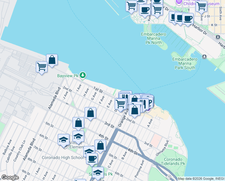 map of restaurants, bars, coffee shops, grocery stores, and more near 907 1st Street in Coronado