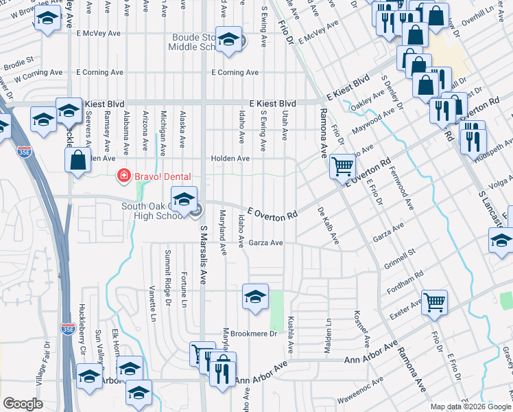 map of restaurants, bars, coffee shops, grocery stores, and more near 3603 South Ewing Avenue in Dallas