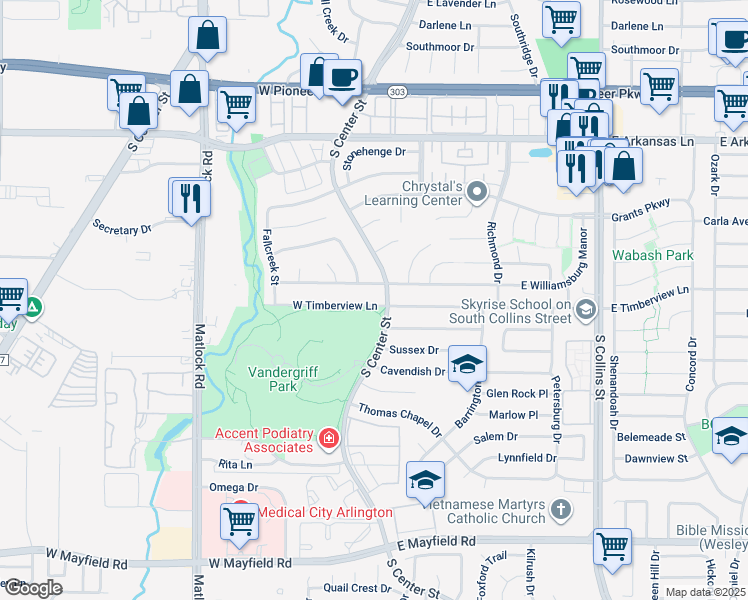 map of restaurants, bars, coffee shops, grocery stores, and more near 103 West Timberview Lane in Arlington