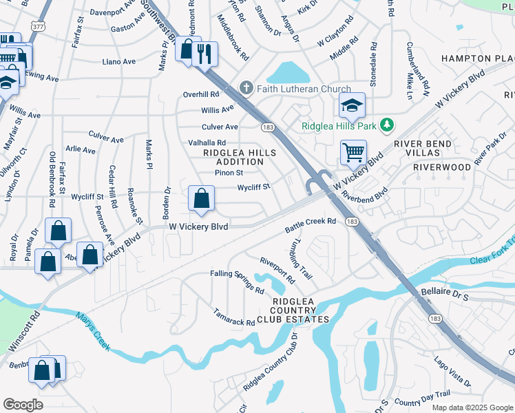 map of restaurants, bars, coffee shops, grocery stores, and more near 7517 Overhill Road in Fort Worth