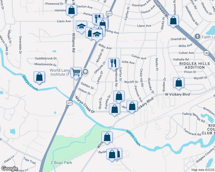 map of restaurants, bars, coffee shops, grocery stores, and more near 5024 Pamela Drive in Fort Worth