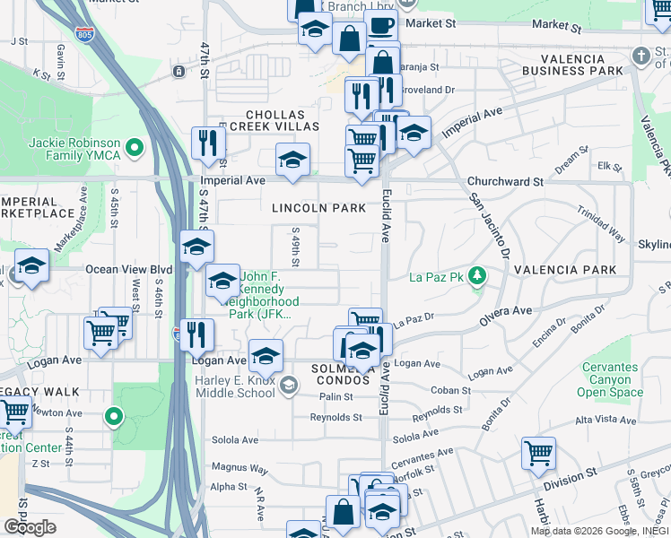 map of restaurants, bars, coffee shops, grocery stores, and more near 4980 Ocean View Boulevard in San Diego